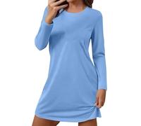 Camicia da notte da donna, a maniche lunghe, in cotone, elegante, da notte, morbida, per il tempo libero, per ogni notte, Celeste., M