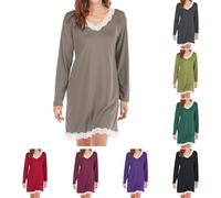 Camicia da notte da donna, a maniche lunghe, in cotone, girocollo, da donna, lunga con pizzo, traspirante, con scollo a V, taglie forti, per la casa, per l'estate, per la casa, al ginocchio, da notte