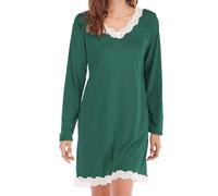 Camicia da notte da donna a maniche lunghe, sexy, con pizzo, pigiama da donna, in cotone, con scollo a V, in seta chimica, per dormire