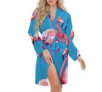 Camicia da notte da donna blu con stampa fenicottero vestaglia di San Valentino lingerie per le donne kimono accappatoio corto accappatoio damigelle d'onore, Fenicottero blu., XL