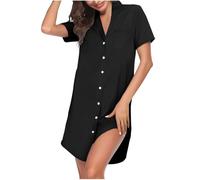 Camicia da notte da donna con bottoni, camicia da notte morbida e comoda, a maniche corte, con scollo a V, con spacco laterale, camicia da notte, Nero , XL
