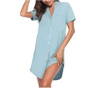 Camicia da notte da donna con bottoni, camicia da notte morbida e comoda, a maniche corte, con scollo a V, con spacco laterale, camicia da notte, Azzurro, S