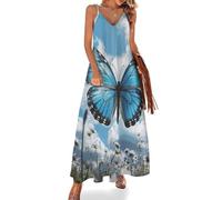 Camicia da Notte da Donna con Farfalle Blu e Nuvole, Morbida Camicia da Notte Lunga Senza Maniche, Abito da casa Maxi con Scollo a V, Taglie S-5XL