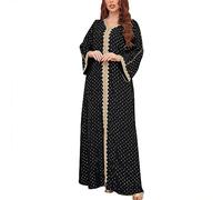 Camicia da notte da donna con scollo a V a blocchi di colore stampa a pois manica lunga musulmana pigiameria con lamina d'oro, Nero , XXL