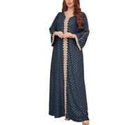 Camicia da notte da donna con scollo a V a blocchi di colore stampa a pois manica lunga musulmana pigiameria con lamina d'oro, Blu, XXL