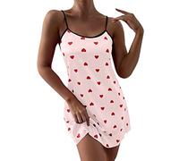 Camicia da notte da donna, con spalline sottili, pigiama con stampa a cuore, abito da notte, sexy, in tessuto morbido, senza maniche, senza maniche, mini abito da notte, Colore: rosa., S