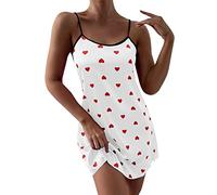 Camicia da notte da donna, con spalline sottili, pigiama con stampa a cuore, abito da notte, sexy, in tessuto morbido, senza maniche, senza maniche, mini abito da notte, bianco, XXL