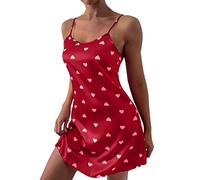 Camicia da notte da donna, con spalline sottili, pigiama con stampa a cuore, abito da notte, sexy, in tessuto morbido, senza maniche, senza maniche, mini abito da notte, Z01-rosso, XXL