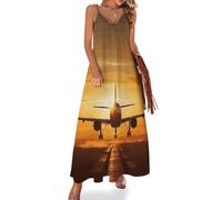 Camicia da Notte da Donna con Stampa Aereo al Tramonto, Morbida Camicia da Notte Lunga Senza Maniche, Abito da casa Lungo con Scollo a V, Taglie dalla S alla 5XL.