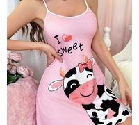 Camicia da notte da donna con stampa carina di mucca e cuore, babydoll per la stagione delle vacanze L,M,S,XLBlocchi di colore,Lettere,PianteTessuto in maglia