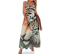 Camicia da Notte da Donna con Stampa di Tigre Disegnata a Mano, Morbida Camicia da Notte Lunga Senza Maniche, Abito da casa Lungo con Scollo a V, Taglie dalla S alla 5XL.