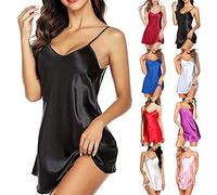 Camicia da notte da donna, corta, senza maniche, con scollo a V, con spalline regolabili, in tinta unita, per il tempo libero, da notte, per l'estate, Blu, M