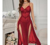 Camicia da notte da donna in pizzo con spalline sottili e gonna divisa | Inserto in rete di pizzo, spalline regolabili per spaghetti, design a gonna lunga divisa, morbido tessuto traspirante per la