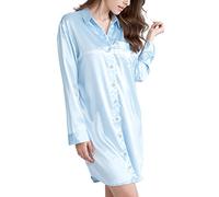 Camicia da notte da donna in raso camicia da notte manica lunga sonno camicia da notte da donna abbottonatura giù indumenti da notte abbigliamento da notte loungewear, Azzurro, S