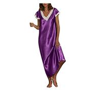 Camicia da notte da donna in raso, lunga con pizzo, scollo a V, maniche corte, camicia da notte sexy, camicia da notte, pigiama da donna, morbido, comodo, abito casual, vestibilità ampia, camicie da