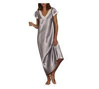 Camicia da notte da donna in raso, lunga da donna, con pizzo, abito in raso, sexy, morbida, con scollo a V, per il sonno, comodo, da notte, grigio., XXXL