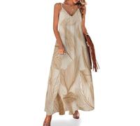Camicia da Notte da Donna in Tessuto con Stampa a Foglie Beige, Morbida Camicia da Notte Lunga Senza Maniche, Abito da casa Lungo con Scollo a V, Taglie dalla S alla 5XL.