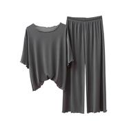 Camicia da notte da donna, maniche a 3/4, pantaloni da notte 7/8, in seta, girocollo, larga, leggera, pigiameria, con elastico in vita, confortevole, traspirante, pigiama in due pezzi, grigio scuro, L