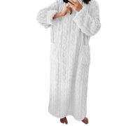 Camicia da notte da donna, tinta unita, girocollo, filo tascabile, lunga sopra il ginocchio, camicia da notte invernale, bianco, XL