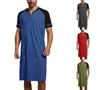 Camicia da notte da uomo, a maniche corte, in cotone, lunghezza al ginocchio, in jersey, leggera, traspirante, morbida, lunga, per la casa, biancheria da notte per ospedale, Blu, S