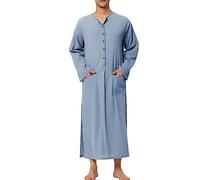Camicia da notte da uomo, a maniche lunghe, con tasche e bottoni, lunga tinta unita, a maniche lunghe, pigiama, biancheria da notte, comodo, accappatoio regolare, O celeste, M