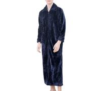 Camicia da notte da uomo a maniche lunghe, in flanella, da sauna, con chiusura lampo, da uomo, con tasche, in spugna, in pile, Blu marino, XXXL