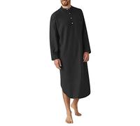 Camicia da notte da uomo, a maniche lunghe, traspirante, con colletto alla coreana, resistente alle pieghe, con tasche sul petto, pigiama, abbigliamento estivo da notte per rilassarsi, Nero , 3XL