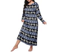 Camicia da Notte Donna Cotone Women Plus Size Sleepwear Round Neck Long Sleeve Printed Nightdress Pajamas Camicia da Notte Invernale Donna Taglie Forti (Blue, XXL)