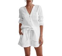 Camicia Da Notte Donna Lino,Pigiama Leggero In Lino Da Donna In 2 Pezzi, Camicia Da Pigiama Abbottonata, Pantaloncini Pigiama In Cotone, Colletto Con Tacca, Indumenti Da Notte ( Color : White , Size :