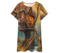 Camicia da Notte Donna - Paesaggio della Casa Sull'Albero Camicia da Notte Vintage Estiva A Maniche Corte Pigiama Morbido E Comodo per Stare in Casa. XL
