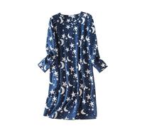 Camicia da notte in cotone, camicia da notte a maniche lunghe, da donna, in cotone, lunga, negligé con scollo rotondo, con stampa, lunghezza al ginocchio, per la casa, elasticizzata, Rosa acceso., S