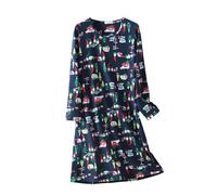 Camicia da notte in cotone, camicia da notte a maniche lunghe, da donna, in cotone, lunga, negligé con scollo rotondo, con stampa, lunghezza al ginocchio, per la casa, elasticizzata, Blu, XL