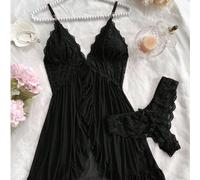 Camicia da notte in pizzo monocolore sexy da donna con mutandine abbinate in pizzo, design scollo a V che valorizza l'elegante scollatura, delicato motivo in pizzo che aggiunge una morbida femminilità