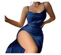 Camicia da Notte in Raso Tinta Unita con Spacchi Laterali e Schiena Scoperta, Pigiama da Donna per Uso Domestico o per Dormire(Deep Blue,M)