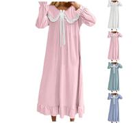 Camicia da notte lunga da donna, a maniche lunghe, in stile vittoriano, con fiocco e pizzo e graziosa principesse, vintage, morbida, da notte, leggero, da notte, A01 rosa., XXL
