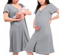 Camicia da Notte Parto Ospedale con Bottoni, Camicia da Notte Premaman, 3 in 1 Allattamento, Ospedale e Gravidanza, Morbida e Transpirante per Il Massimo Comfort (L, Grigio)
