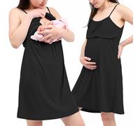 Camicia da Notte Parto Ospedale con Bretelle, Camicia da Notte Premaman, 3 in 1 Allattamento, Ospedale e Gravidanza, Morbida e Transpirante per Il Massimo Comfort (L, Nero)