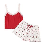 Camicia da notte senza maniche con stampa floreale, set di pantaloncini da donna, comoda da notte, come lingerie, abbigliamento morbido, Colore: rosso, M