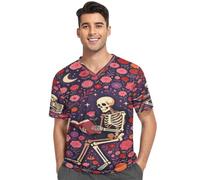 Camicia da pigiama da uomo con scollo a V a maniche corte camicia da notte indumenti da notte S, Stampa artistica con scheletro stravagante che legge la luna floreale, XL