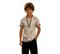 Camicia da pirata in lino, per bambini, con lacci, scollo a V | Camicia vintage per il tempo libero, oversize, con lacci, colletto alto, camicia medievale, a maniche corte, elegante