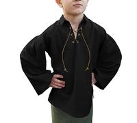 Camicia da Pirata per Bambini con Lacci e Colletto Ritto - Bianco S-3XL - Camicia Medievale in Cotone Camicia Henley con Lacci retrò Punk Costume Medievale Rinascimentale Scozzese Classica