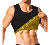 Camicia da sauna da uomo, a maniche corte, per sauna, body shaper per il sudore, gilet da sauna da uomo, canottiera da palestra, Nero (interno oro), Large / X-Large