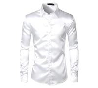 Camicia da smoking in raso di seta bianca da uomo a maniche lunghe con vestibilità da uomo camicie da festa di nozze da ballo maschile camicia casual chemise