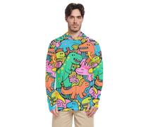 Camicia da sole da uomo carina e colorata con dinosauri dei cartoni animati con cappuccio a maniche lunghe ad asciugatura rapida Rash Guard Camicie con cappuccio Sunproof, Dinosauri carini e colorati