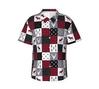 Camicia da spiaggia con bottoni a maniche corte hawaiana da uomo scozzese di bufalo, alce cervo alce, Nero , 3XL