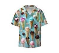 Camicia da spiaggia con colletto cubano a maniche corte con stampa di coni gelato, camicia perfettamente casual con bottoni, nero, S