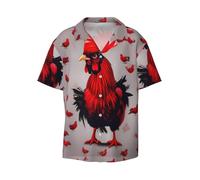 Camicia da Spiaggia da Uomo con Stampa di Pollo Rosso, Maniche Corte, con Bottoni, Camicia Hawaiana per Le Vacanze