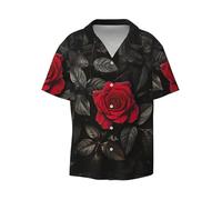 Camicia da Spiaggia da Uomo con Stampa di Rose Rosse e Foglie Nere, Maniche Corte con Bottoni, Camicia Hawaiana per Le Vacanze