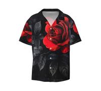 Camicia da Spiaggia da Uomo con Stampa di Rose Rosse e Foglie Nere, Maniche Corte con Bottoni, Camicia Hawaiana per Le Vacanze