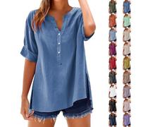 Camicia Da Spiaggia Donna Di Grandi Dimensioni, Camicetta Donna Manica Corta Scollo A V, Camicetta Casual Camicette 2025 Nuove Camicette Tinta Unita Top Spacco Top Traspirante Loungewear Pulsante